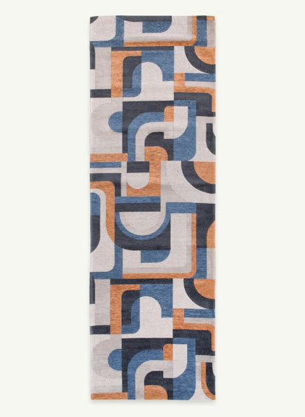 Louis De Poortere Module rug luxury runner with geometric blue, grey and orange pattern