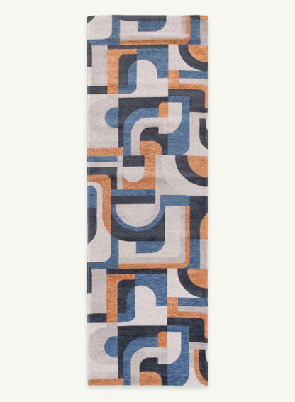 Louis De Poortere Module rug luxury runner with geometric blue, grey and orange pattern