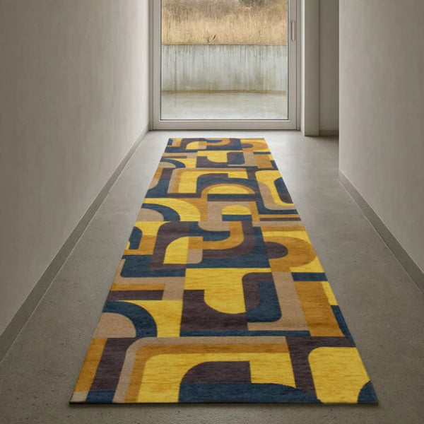 Louis De Poortere Module rug luxury runner with modern geometric yellow and blue pattern in hallway