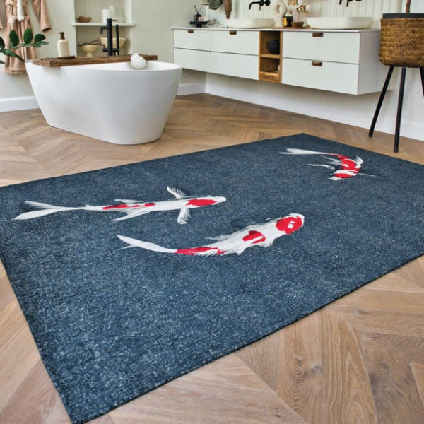 Louis De Poortere Pop rug blue luxury rug with koi fish design in modern bathroom setting