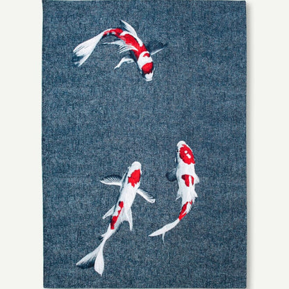 Louis De Poortere Pop rug featuring a luxury design with three red and white koi fish on a blue background