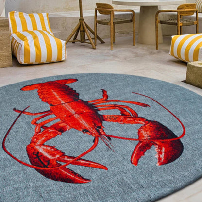 Louis De Poortere Pop rug with vibrant red lobster design on a round grey background in modern living space