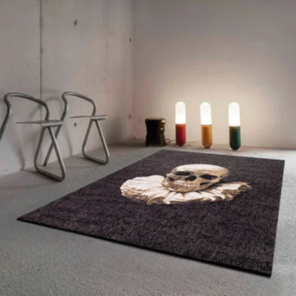 Louis De Poortere Pop rug featuring a skull design on a dark background in a minimalist room setting