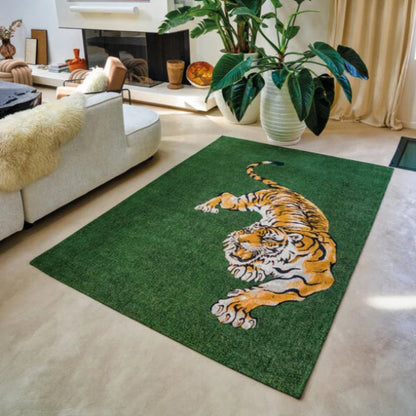Louis De Poortere Pop rug with green background and detailed tiger design in a modern living room