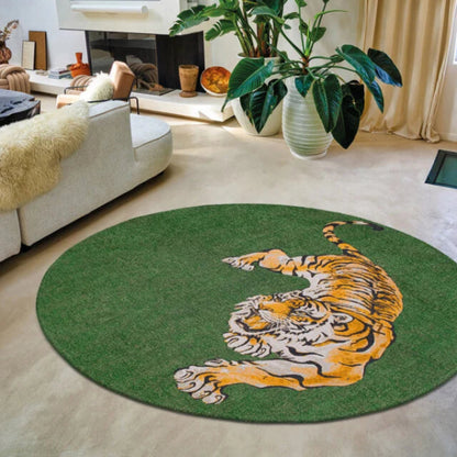 Louis De Poortere Pop rug round green luxury rug with playful tiger design in stylish living room