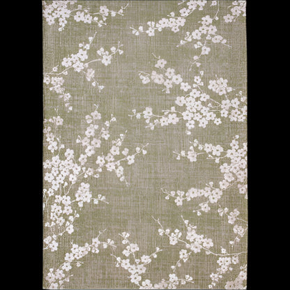 Luxury Louis De Poortere Sakura rug with delicate white floral pattern on olive green background