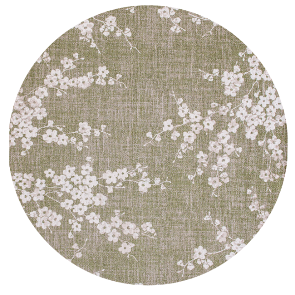 Round luxury Louis De Poortere Sakura rug with delicate white floral pattern on muted green background