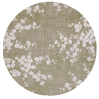 Round luxury Louis De Poortere Sakura rug with delicate white floral pattern on muted green background