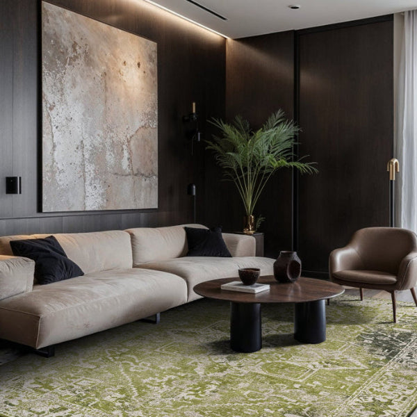 Modern living room with beige sofa and green Louis De Poortere Tabriz rug with intricate patterns