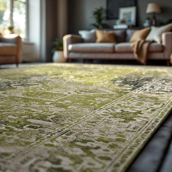 Green and beige patterned Louis De Poortere Tabriz rug showcased in a modern living room setting
