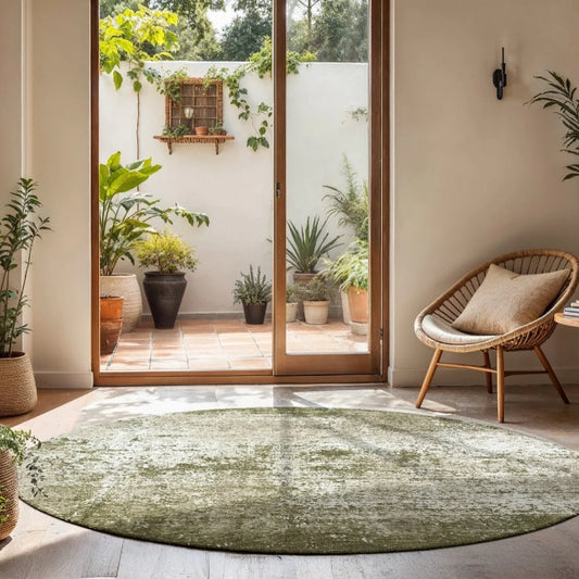 Louis De Poortere Virgin Land rug in a serene living room with plants and natural light