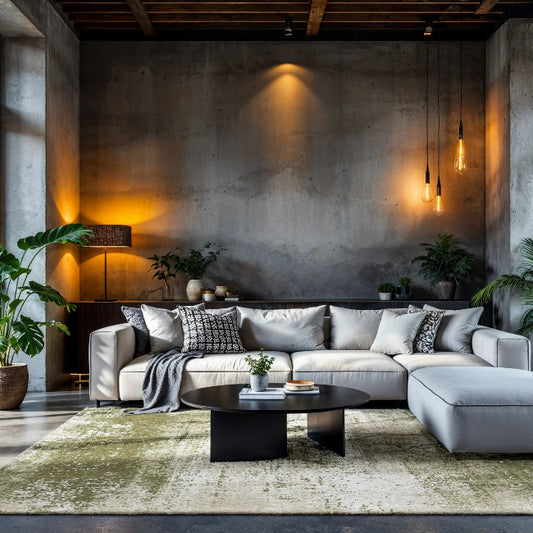 Stylish living room featuring the Louis De Poortere Virgin Land rug under a modern coffee table