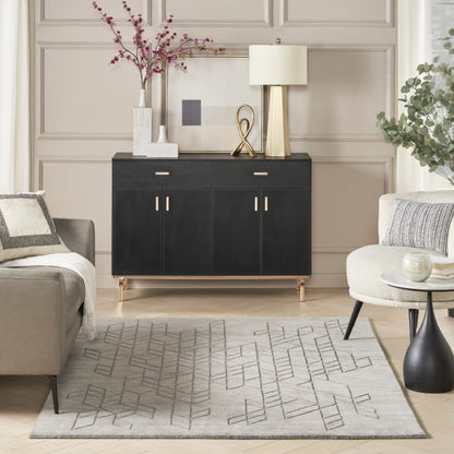 Nourison Alessia rug in grey with geometric pattern displayed in a modern living room setting