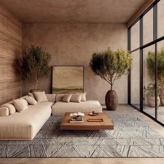 Nourison Colorado Rug Geometric Design in a modern living room with beige sofa and wooden coffee table
