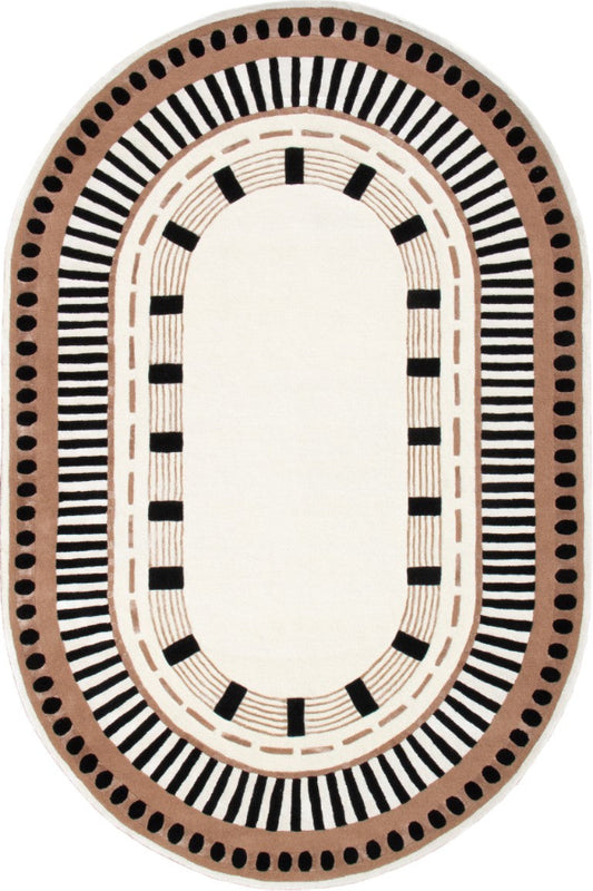Oval-shaped rug with a geometric pattern on a white background