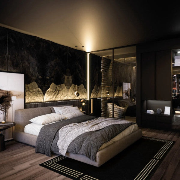 Modern bedroom with a bed, nightstands, and wall art in a darkly decorated room.