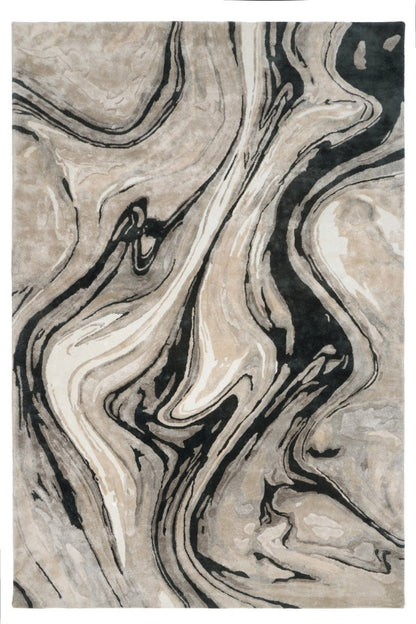 Marble-like patterned rug with black, gray, and beige colors.