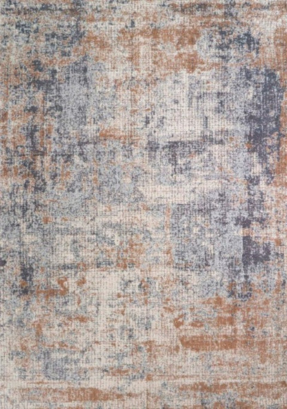 Multicolored textured rug with a mix of blue, brown, and beige tones.