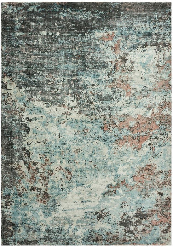 Sintra Teal Viscose Luxury Rug featuring a unique abstract design in teal and brown tones