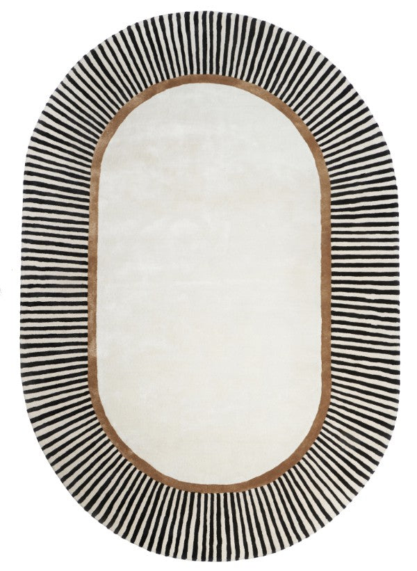 Oval-shaped rug with a black and white striped border on a white background