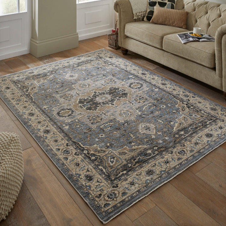 The Legacy Rug Collection in Blue and Beige with Traditional Design for Luxury Living Rooms