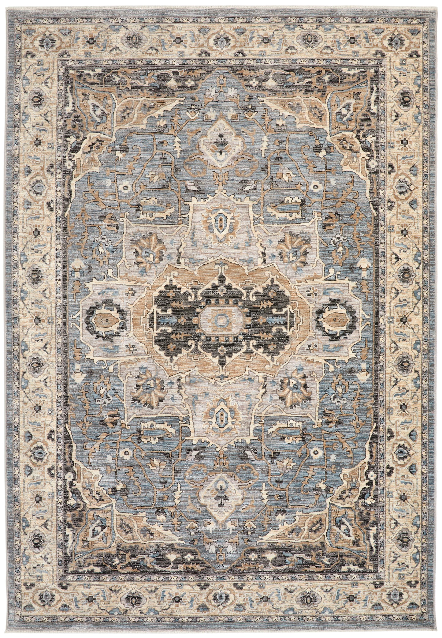 Elegant luxury rug from The Legacy Rug Collection featuring intricate blue and gold patterns