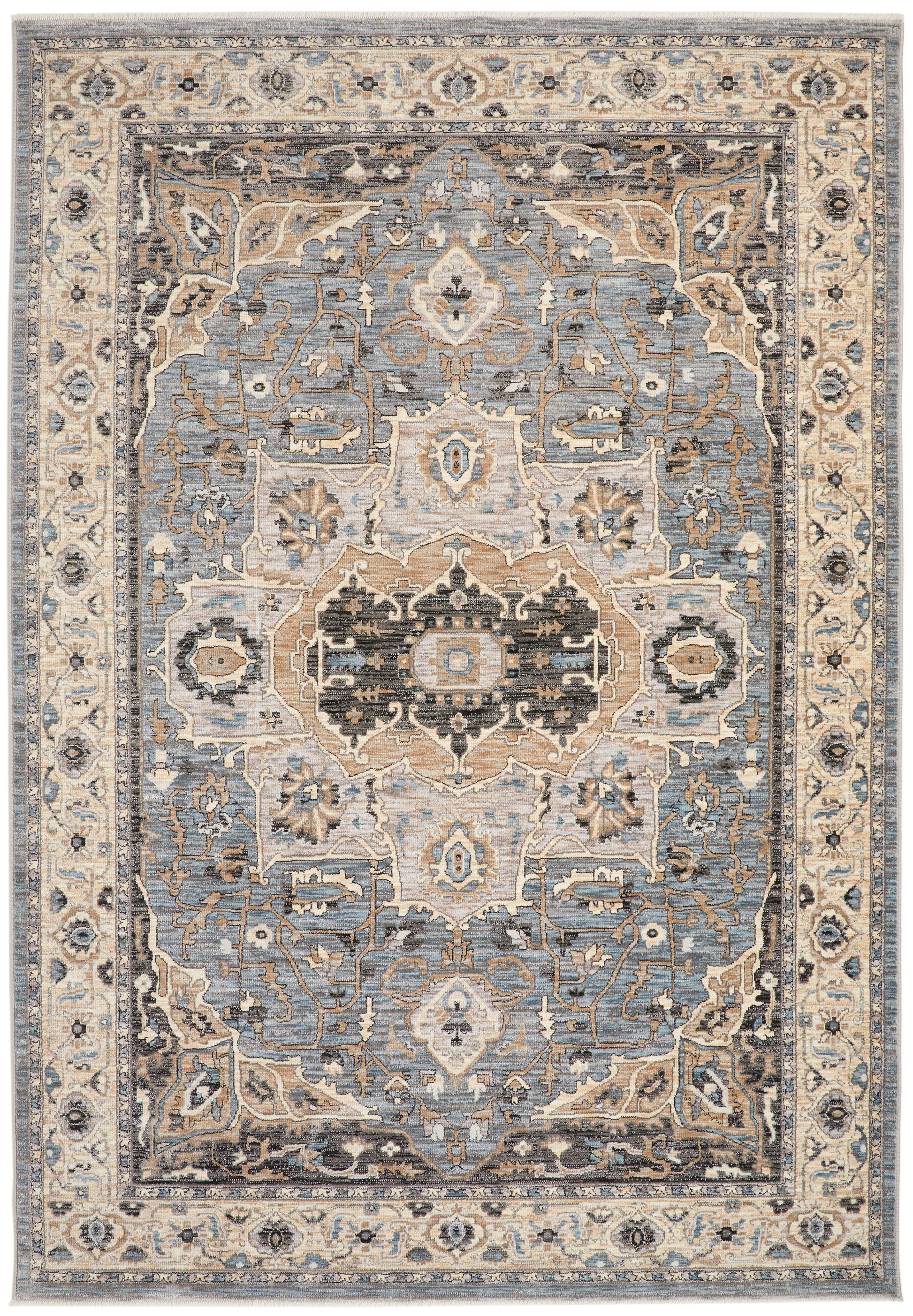 Elegant luxury rug from The Legacy Rug Collection featuring intricate blue and gold patterns