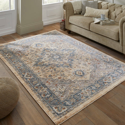 Elegant luxury rug from The Legacy Rug Collection with intricate patterns in soft blue and beige tones