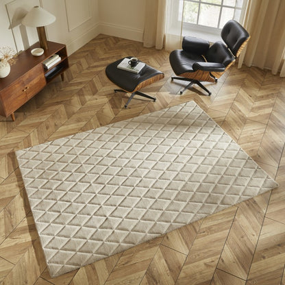 Luxury rug from The Priory Wool Collection featuring a diamond pattern in soft beige tones