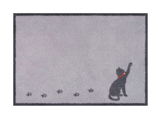 Grey floor mat with black border featuring Turtle Mats Cat Walk Design with cat and paw prints