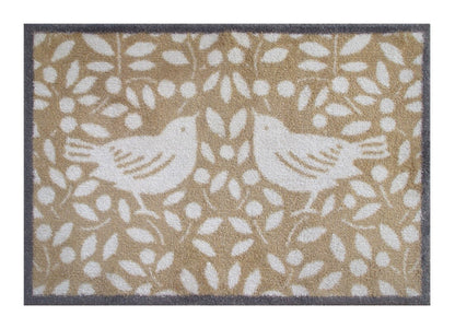 Turtle Mats LOOTING FRUITS Design Indoor Mat featuring white birds and leaf patterns on beige background