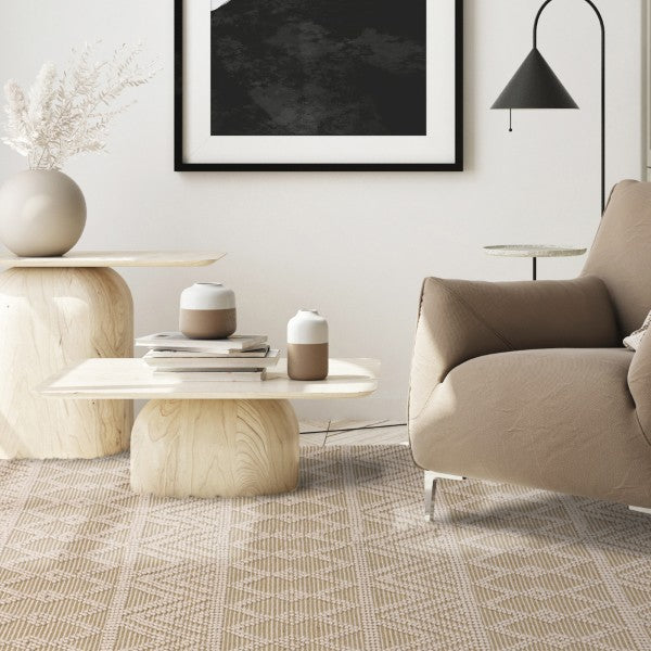 Luxury Boho Collection Asra Rug by Asiatic in a stylish modern living room with beige armchair and light wooden tables