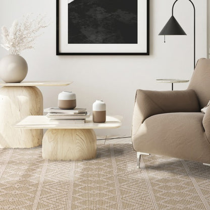 Luxury Boho Collection Asra Rug by Asiatic in a stylish modern living room with beige armchair and light wooden tables