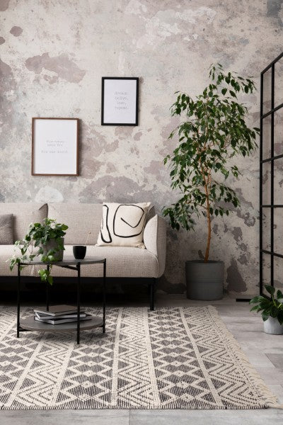 Luxury Boho Collection Asra Rug by Asiatic in a modern living room with sofa and plants