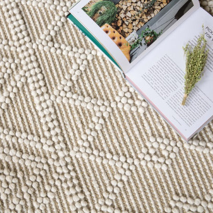 Luxury Boho Collection Asra Rug by Asiatic with textured cream geometric pattern and decorative accents