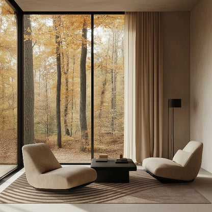 Modern living room with a large window view of autumn trees