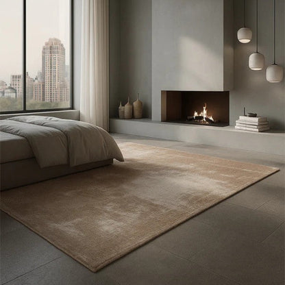 Modern living room with a fireplace, large window, and minimal decor.