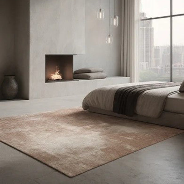 Modern bedroom with fireplace, bed, and large window